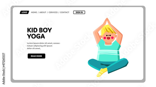Kid Boy Yoga Exercising In Gymnastic Room Vector. Preteen Kid Boy Yoga Training Exercise And Relaxing In Fitness Pose. Character Sportive And Relax Active Time Web Flat Cartoon Illustration