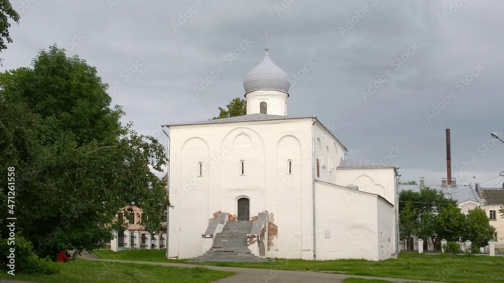 Ancient historical building of orthodox church cathedral in Russia, Ukraine, Belorus, Slavic people faith and beleifs in Christianity Velikiy Novgorod the Great