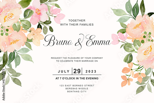 Wedding invitation card with watercolor peach blossom