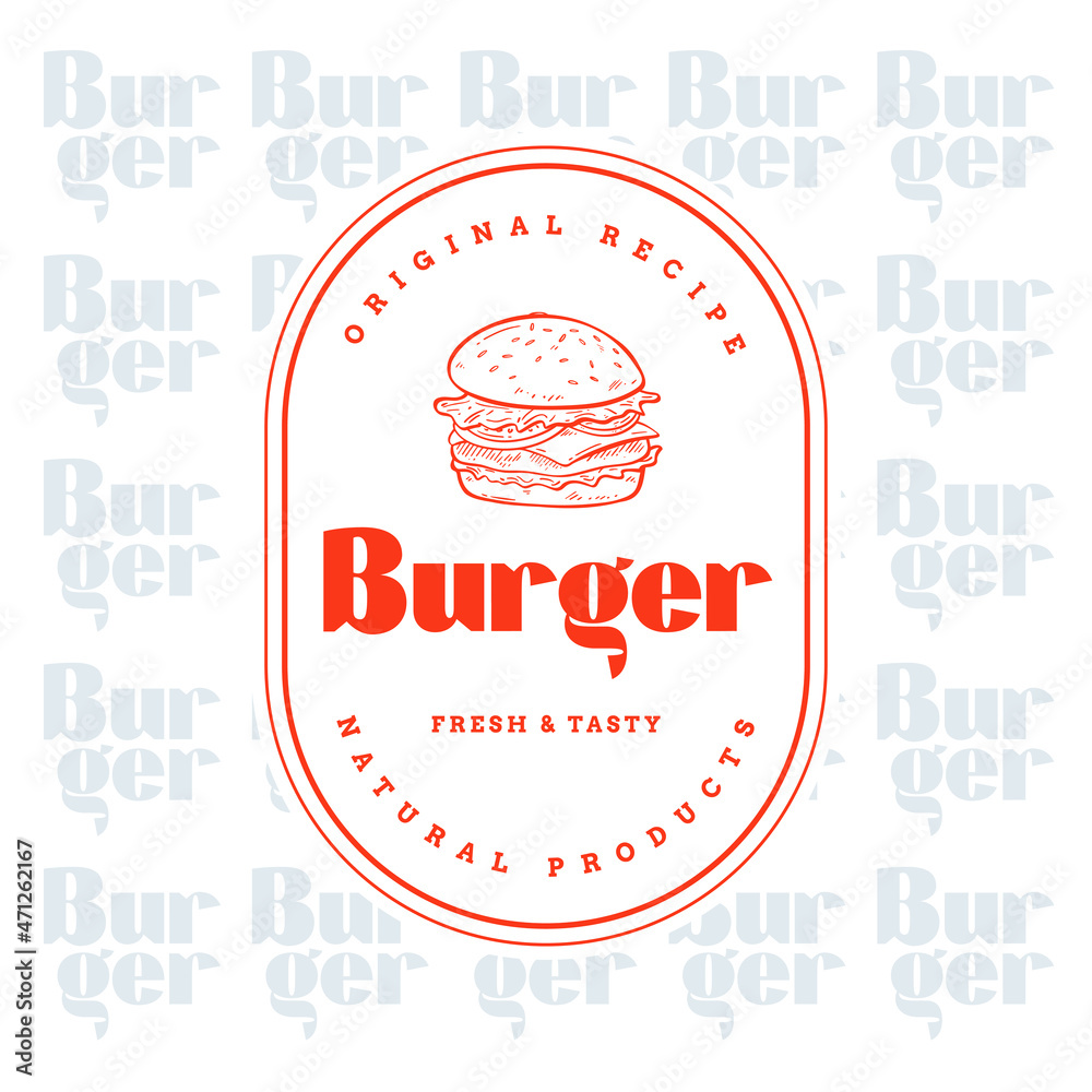 Burger label for fast food packaging and restaurant menu. Hand drawn
