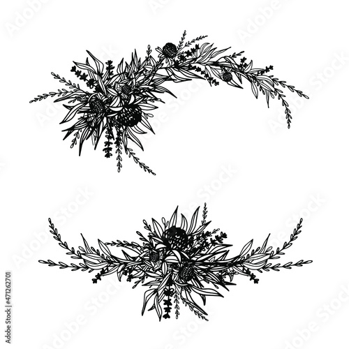 Floral composition, botanical elements. Flowers, leaves and branches. Vintage designs for logo, cards, wedding invitations, cards, labels, fabrics and textiles. White isolated background.