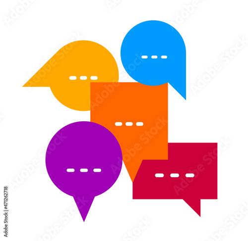 Different speech bubbles composition vector flat design isolated on white, global communication concept, public discussion or opinion diversity metaphor, conference or brainstorming.