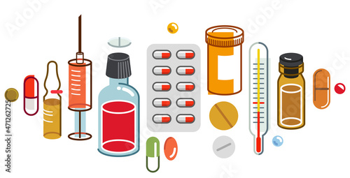 Pharmacy drugs apothecary bottles and pills and ampules, big composition set of medicaments vector flat illustration isolated, health care and healing medical theme design.