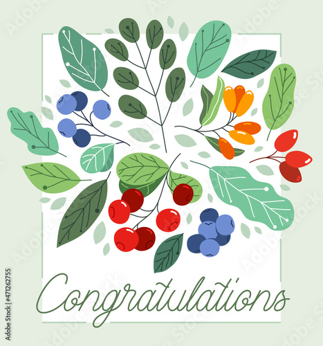 Greeting card with ripe wild berries and fresh green leaves vector flat drawing, floral design composition diet natural food mockup, invitation or anniversary theme, congratulations.