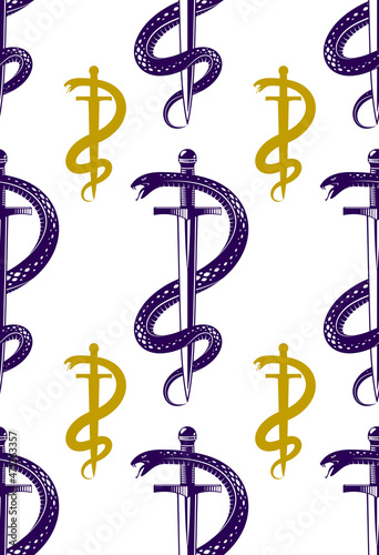 Repeat snakes seamless vector pattern, tiling endless background with venom reptiles in vintage style, subculture rock n roll and hard rock theme.