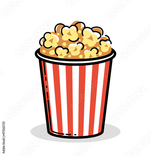 Popcorn vector cartoon style illustration isolated on white, watch movie in theater or TV at home.