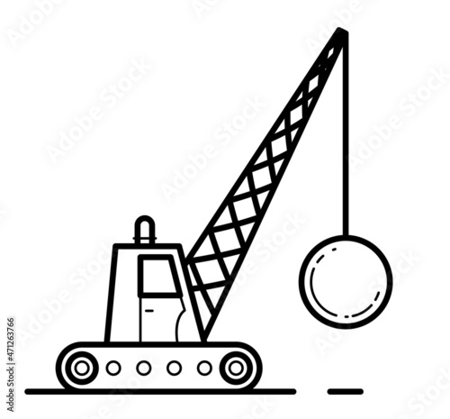 Demolition machine with weight metal ball vector illustration isolated on white background.
