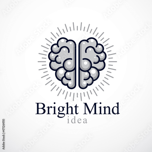 Bright Mind vector logo or icon with human anatomical brain. Thinking and brainstorming concept.