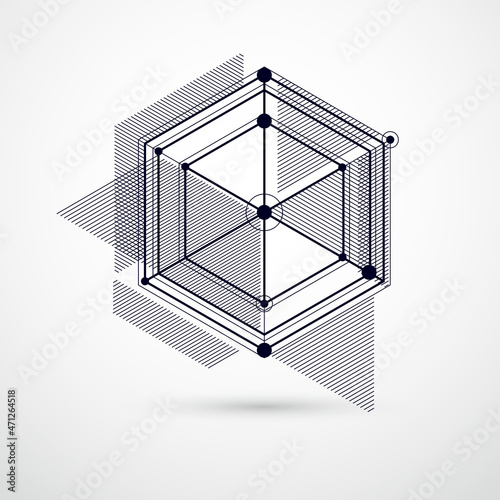 Abstract geometric vector black and white background with cubes and other elements. Composition of cubes, hexagons, squares, rectangles and abstract elements. Perfect background for your designs