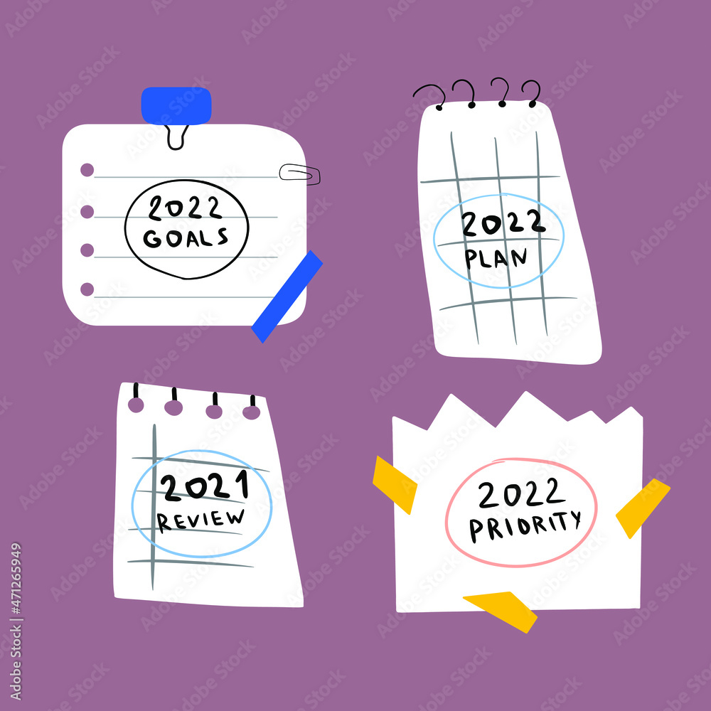 Set of paper notes: 2022 goals, 2022 plan, 2022 priority, 2021 review. Hand drawn illustration on purple background. Set of paper notes: 2022 goals, 2022 plan, 2022 priority, 2021 review. Hand drawn illustration on purple background.