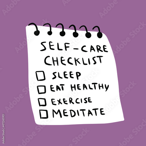 Illustration about self-care. Hand drawn checklist.