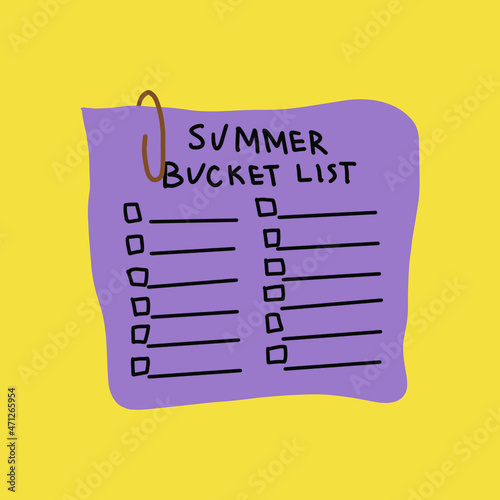 Template of summer bucket list. Icon of suitcase. Hand drawn illustration on yellow background.