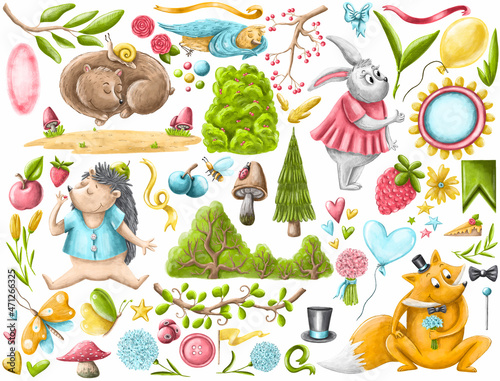 Illustration of cute childrens animals. Set.