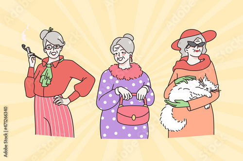 Stylish grandmothers and old women concept. Group of mature grey haired women in stylish clothes standing and feeling modern and pretty vector illustration 