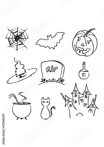 cartoon halloween pumpkin, grave, scarecrow, spider web