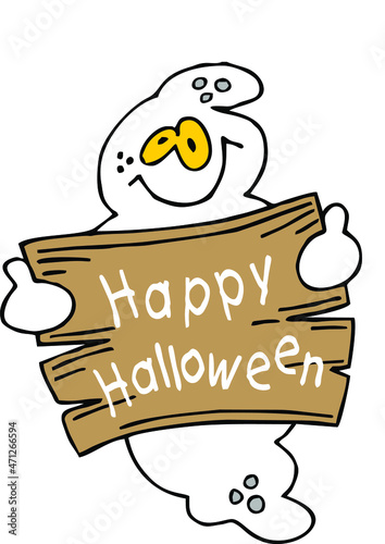 happy ghost holding happy halloween poster