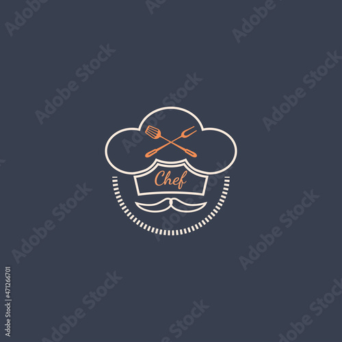 Food logo.Vector Illustration Logo for Cooking school class with icon bbq tools, grill fork, spatula