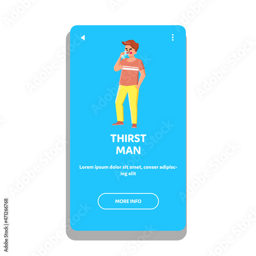 thirst man drinking glass water. thirsty boy drink energy mineral water. summer sun dehydration. sweat boy drinking in hot day. vector web Flat Cartoon Illustration