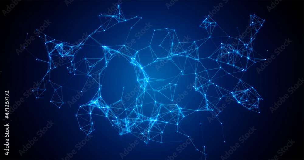 Plexus of lines and dots on a blue background, mockup