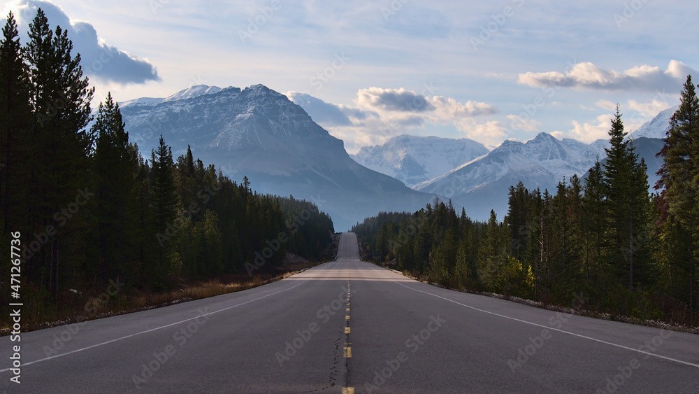 Beautiful view of famous Icefields Parkway (highway 93) in Jasper National Park, Alberta, Canada in the Rocky Mountains with diminishing perspective.