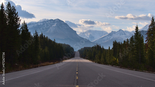 Beautiful view of famous Icefields Parkway (highway 93) in Jasper National Park, Alberta, Canada in the Rocky Mountains with diminishing perspective. © Timon