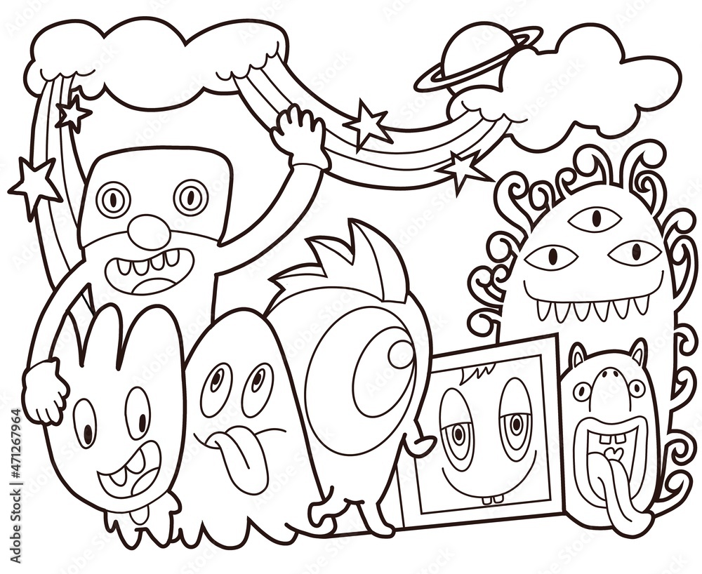Hand-drawn illustrations, monsters doodle Illustrations coloring book, Hand Drawn cartoon monster illustration,Cartoon crowd doodle hand-drawn Doodle style. Hand-drawn illustrations, monsters doodle Illustrations coloring book, Hand Drawn cartoon monster illustration,Cartoon crowd doodle hand-drawn Doodle style.