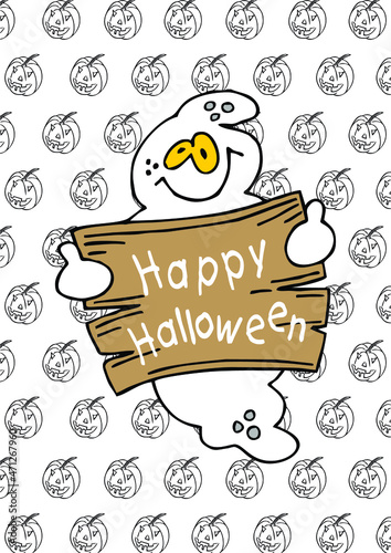 happy halloween poster with white ghost