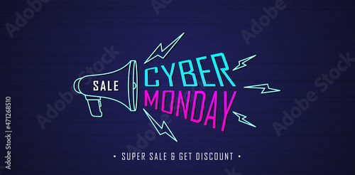 social media marketing concept of Cyber monday sale with megaphone symbol and flash model. applicable for promotion, billboard, online shopping, poster, web banner, brochure and flyer design concept.