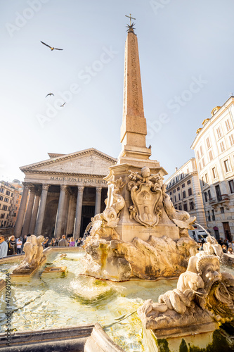 Morning view on famous Pantheon, Roman temple with fountain and Macuteo obelisc in Rome. Visiting italian sightseeings. Idea of travel Italy photo