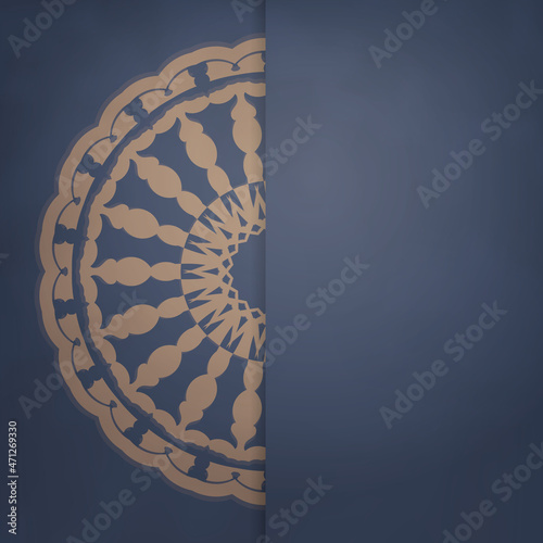 Blue colored flyer with Indian brown pattern prepared for typography.