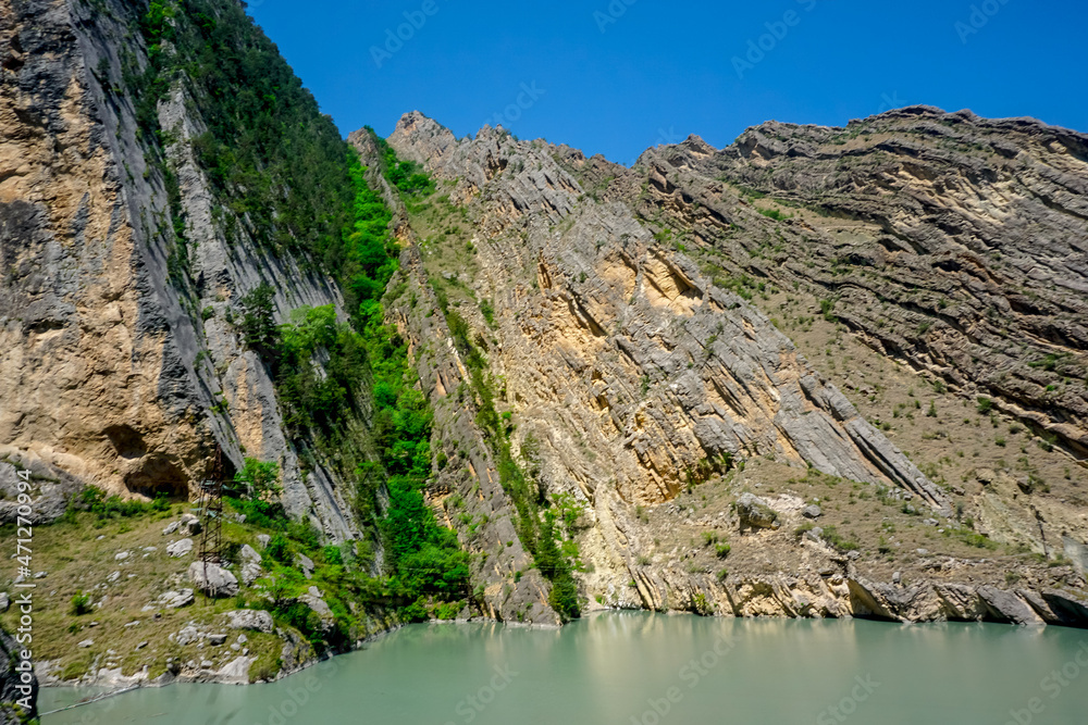 Gunib reservoir and sheer cliffs in Dagestan