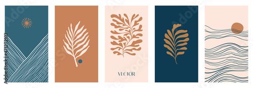 Vector illustration in simple modern style - vertical abstract backgrounds and graphic prints - decorative frames with copy space for text for social media stories in boho minimal style