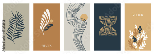 Vector illustration in simple modern style - vertical abstract backgrounds and graphic prints - decorative frames with copy space for text for social media stories in boho minimal style