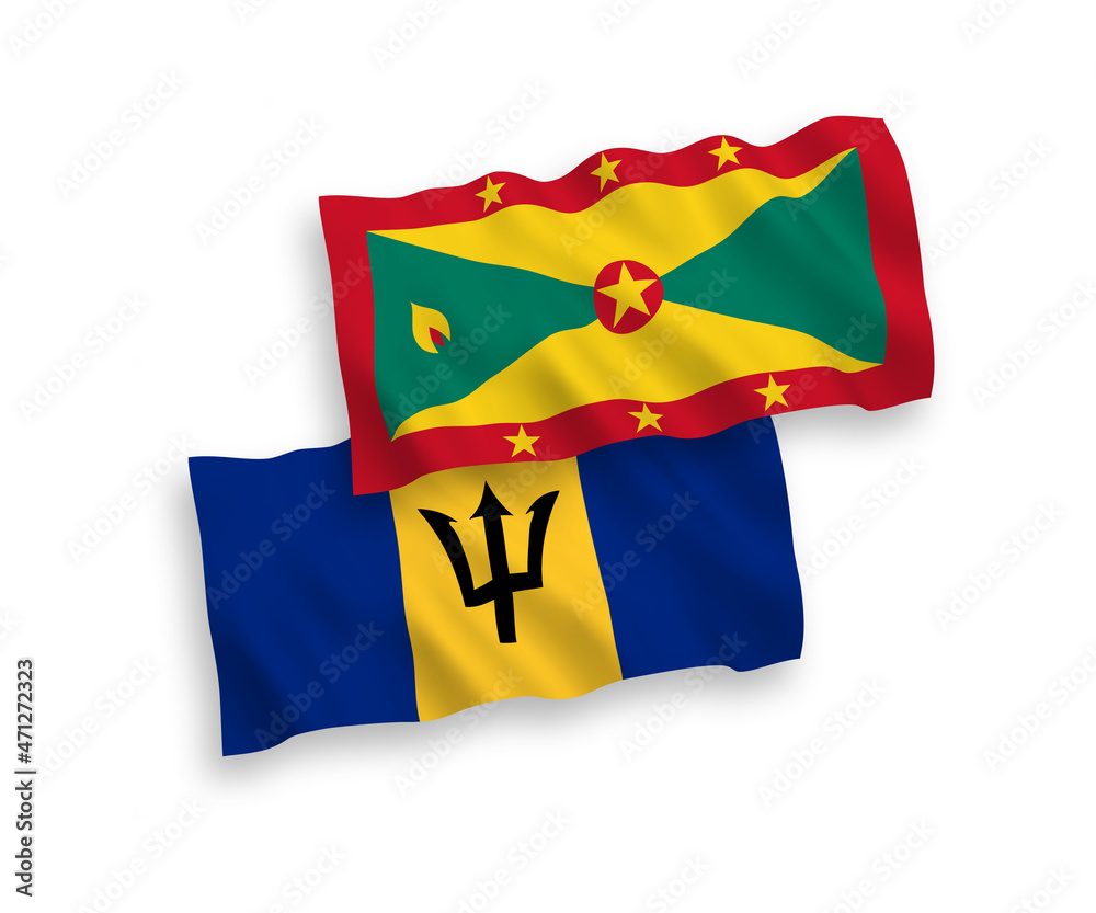 Fototapeta premium National vector fabric wave flags of Grenada and Barbados isolated on white background. 1 to 2 proportion.