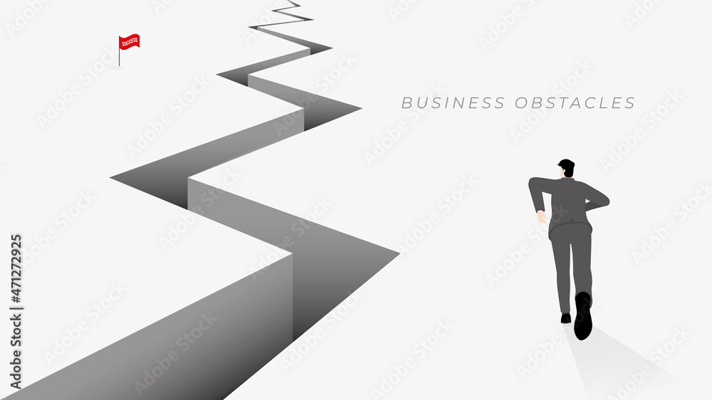 Back view of businessman runs on ground with obstacle, crack, split land, trap, hole and red flag on top. The business concept of ambition, challenge, achievement, motivation. Vector minimal style.