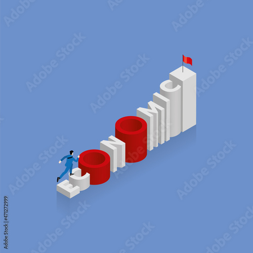 Businessman runs up a stair, a staircase is the word ECONOMIC, arrange in alphabet order with red trap hole and red flag on top. The business concept of ambition, challenge, achievement, motivation.