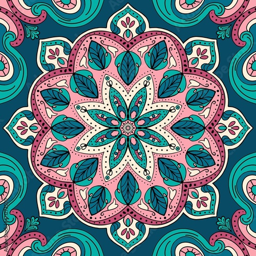 Hand drawn seamless mandala pattern. Use on greeting cards, fabric prints, scarfs and on any print surfaces to decorate your home.