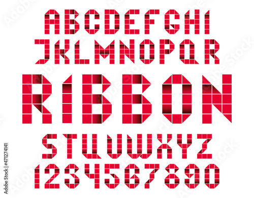 Red folded ribbon letters. Geometric typeface  twenty-six capital letters and ten numbers.