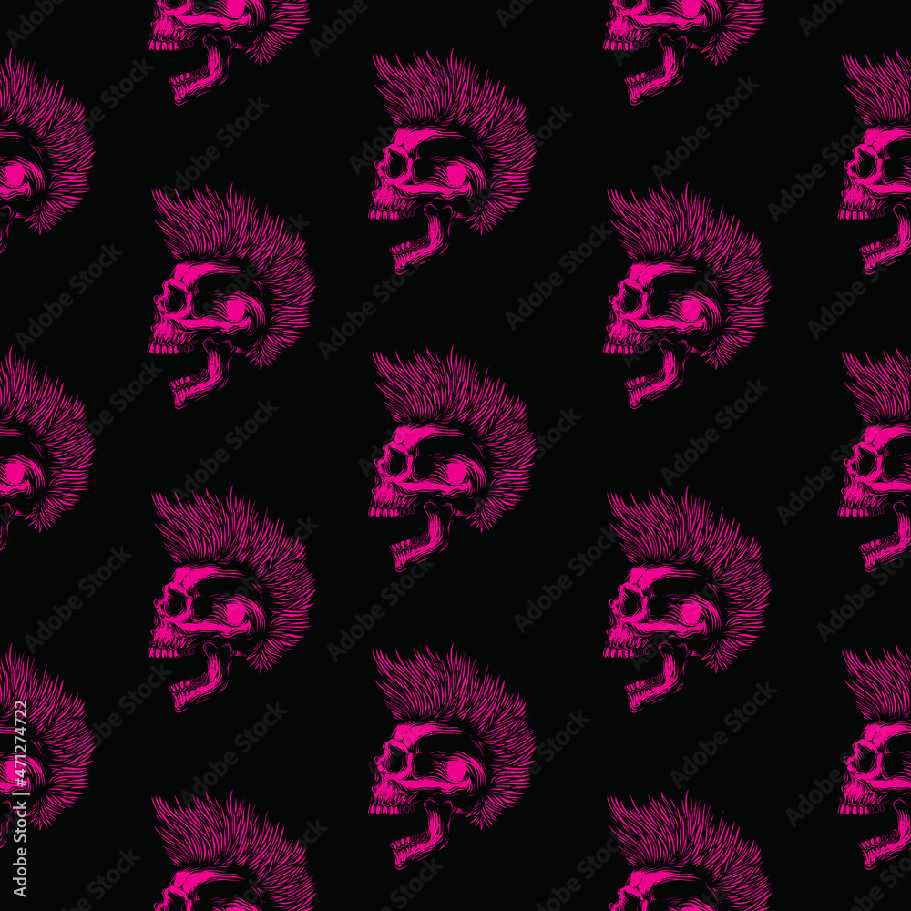 Original vector seamless pattern in vintage style. Pink skull with an open mouth and a punk rock hairstyle. A design element.