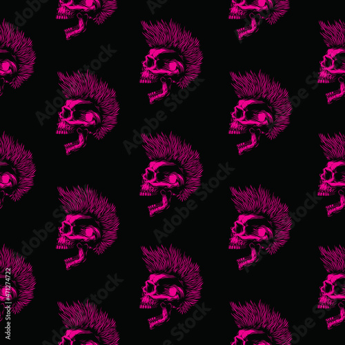 Original vector seamless pattern in vintage style. Pink skull with an open mouth and a punk rock hairstyle. A design element.