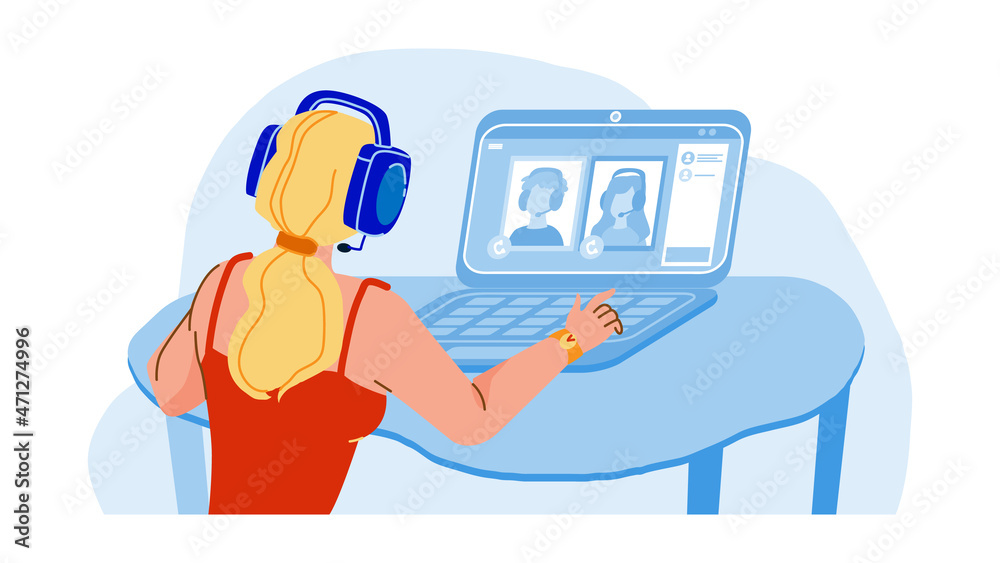 Video Group Call Woman Online Conversation Vector. Young Girl Talking With Family Or Friends On Computer Group Call. Character Communication And Discussion Flat Cartoon Illustration Video Group Call Woman Online Conversation Vector. Young Girl Talking With Family Or Friends On Computer Group Call. Character Communication And Discussion Flat Cartoon Illustration