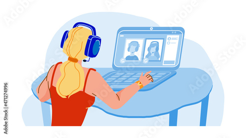 Video Group Call Woman Online Conversation Vector. Young Girl Talking With Family Or Friends On Computer Group Call. Character Communication And Discussion Flat Cartoon Illustration