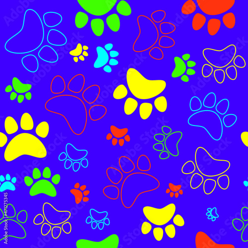 Colorful animal track  cat  dog paw seamless pattern. Vector illustration.
