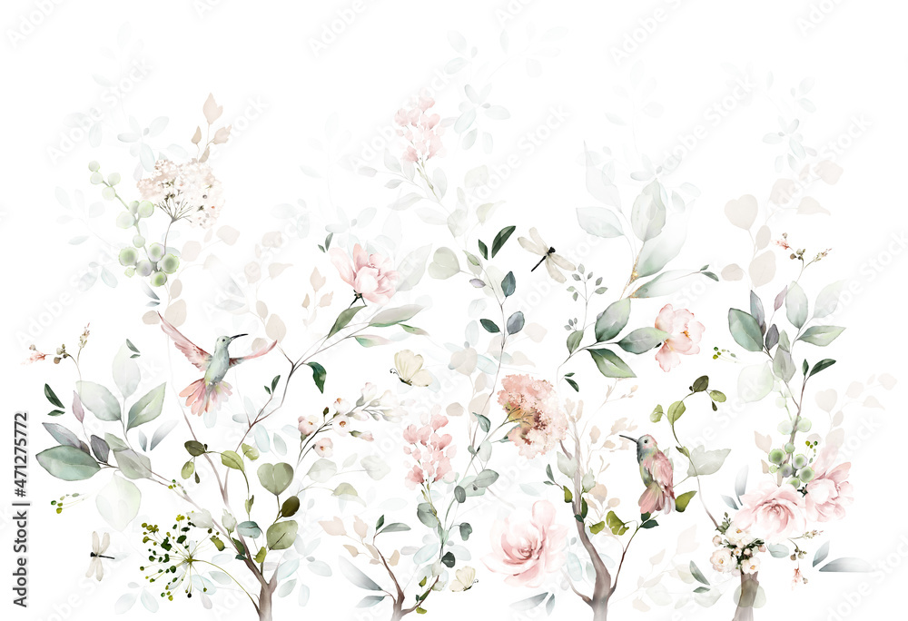 watercolor arrangements with garden roses, birds. collection pink flowers, leaves, branches. decorative trees isolated on white background.