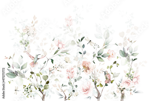 Stampa su tela watercolor arrangements with garden roses, birds