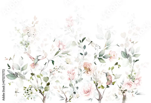 Obraz watercolor arrangements with garden roses, birds. collection pink flowers, leaves, branches. decorative trees isolated on white background.