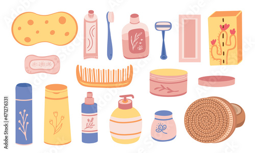 Body products set, bath accessories for procedures, body care. Vector Illustration for background, packaging, greeting cards, posters, stickers, textile, seasonal design. Isolated on white background.