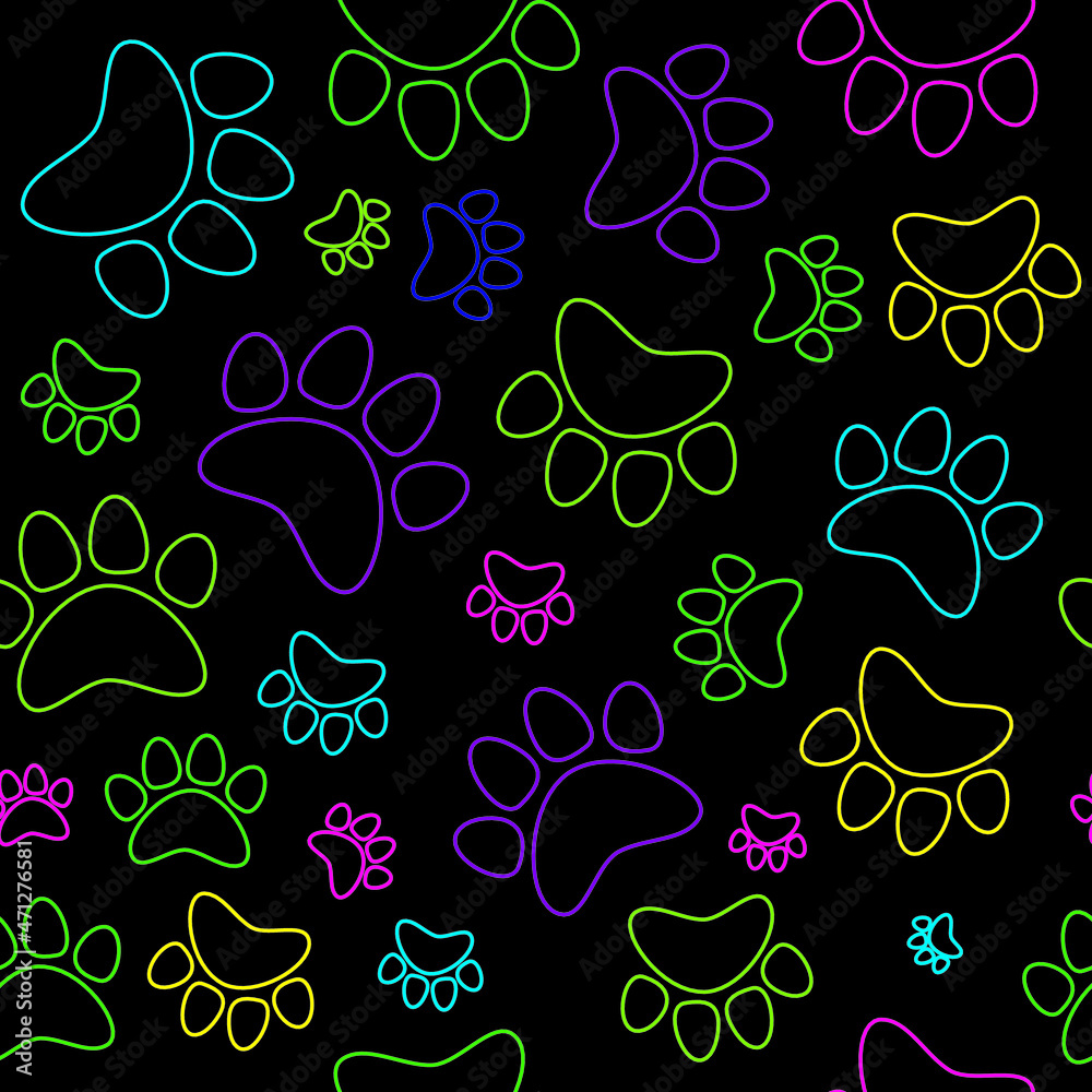 Fototapeta premium Colorful animal track, cat, dog paw seamless pattern. Vector illustration.