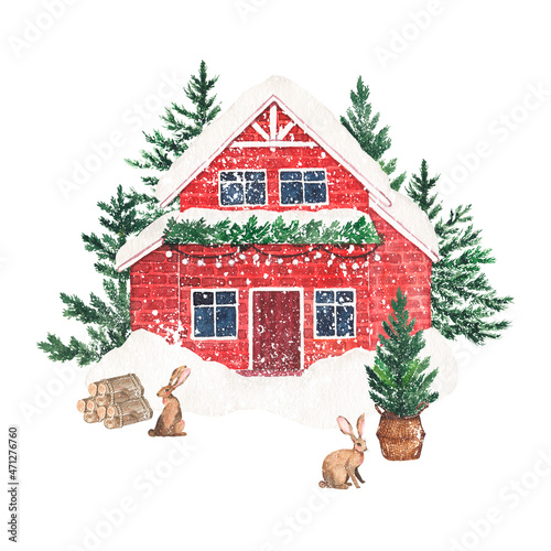 Watercolor winter cozy snowy house with Christmas trees isolated on white background. Winter holiday xmas outdoor home interior illustration