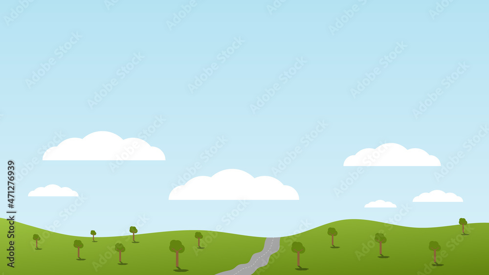 landscape cartoon scene with road and green trees on hills and summer blue sky background